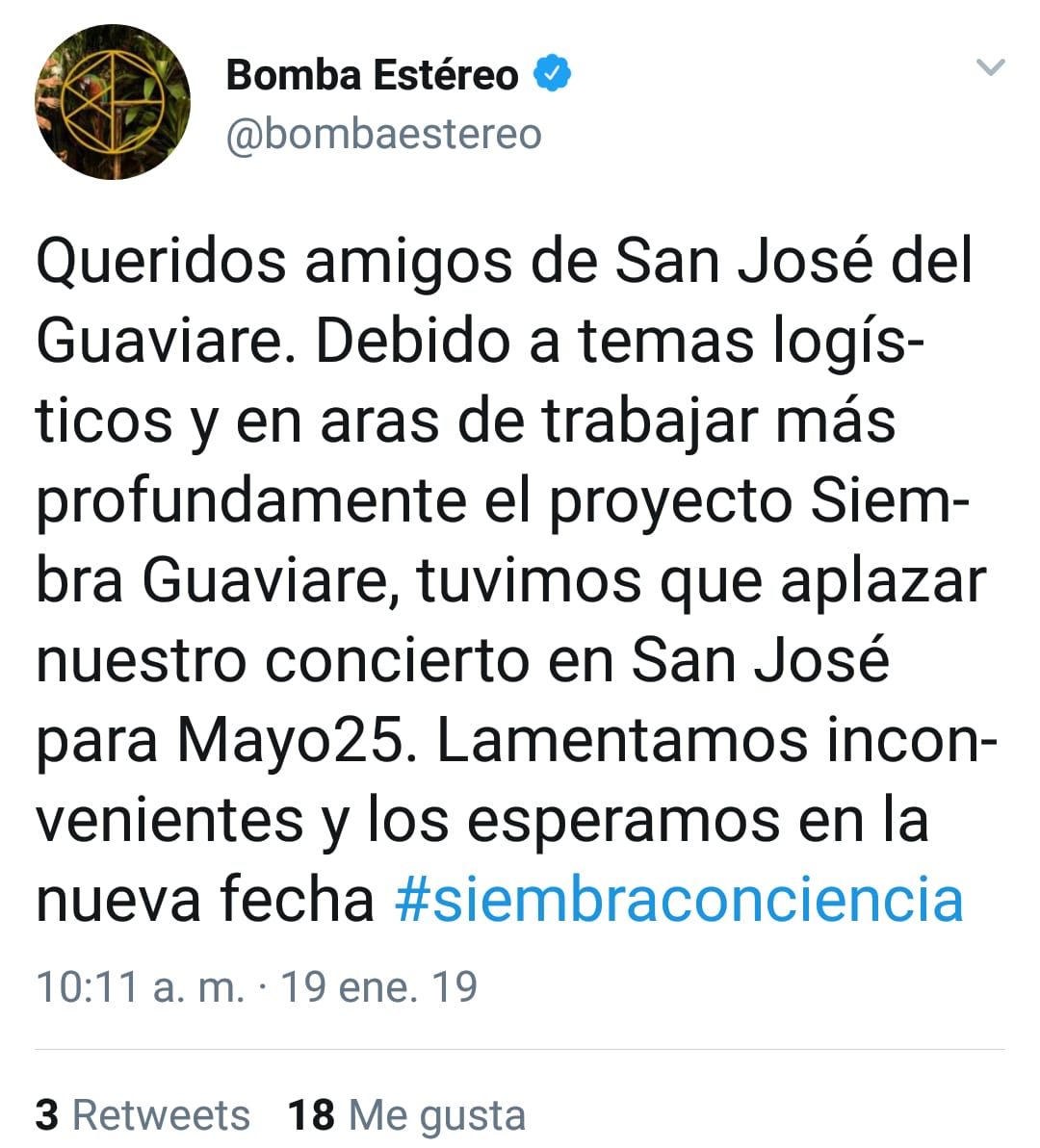 A través de la cuenta oficial en Twitter, la agrupación dio a conocer el aplazamiento del concierto programado para el 26 de enero en San José del Guaviare.