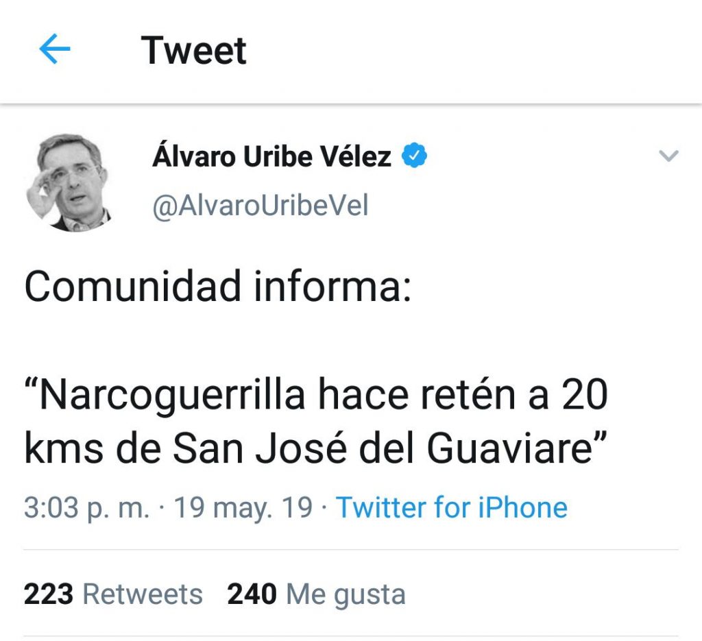 Policía adelanta investigaciones sobre trinos del senador Álvaro Uribe Vélez