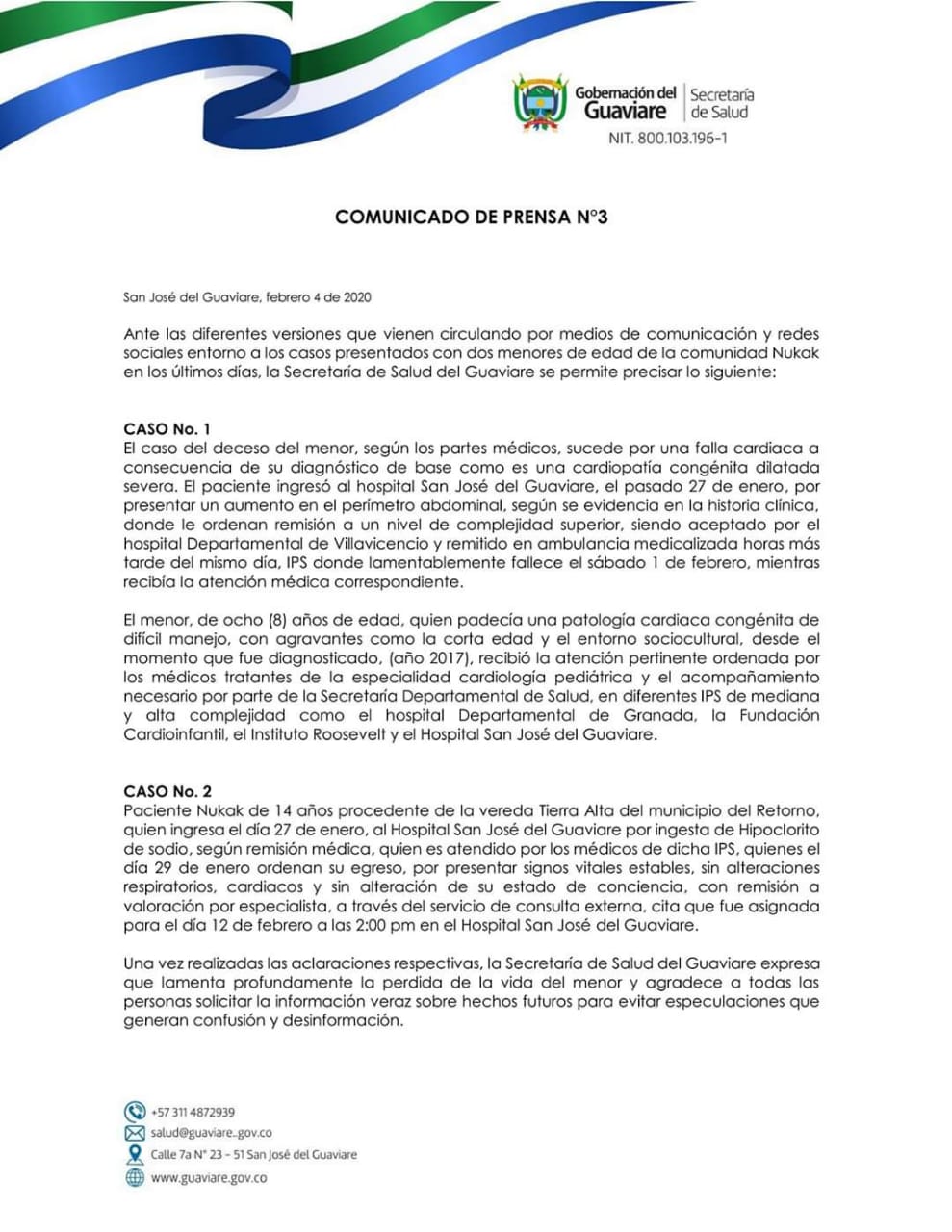 Secretaría de Salud del Guaviare se pronunció en comunicado de prensa sobre las causas de la muerte del menor Nukak.