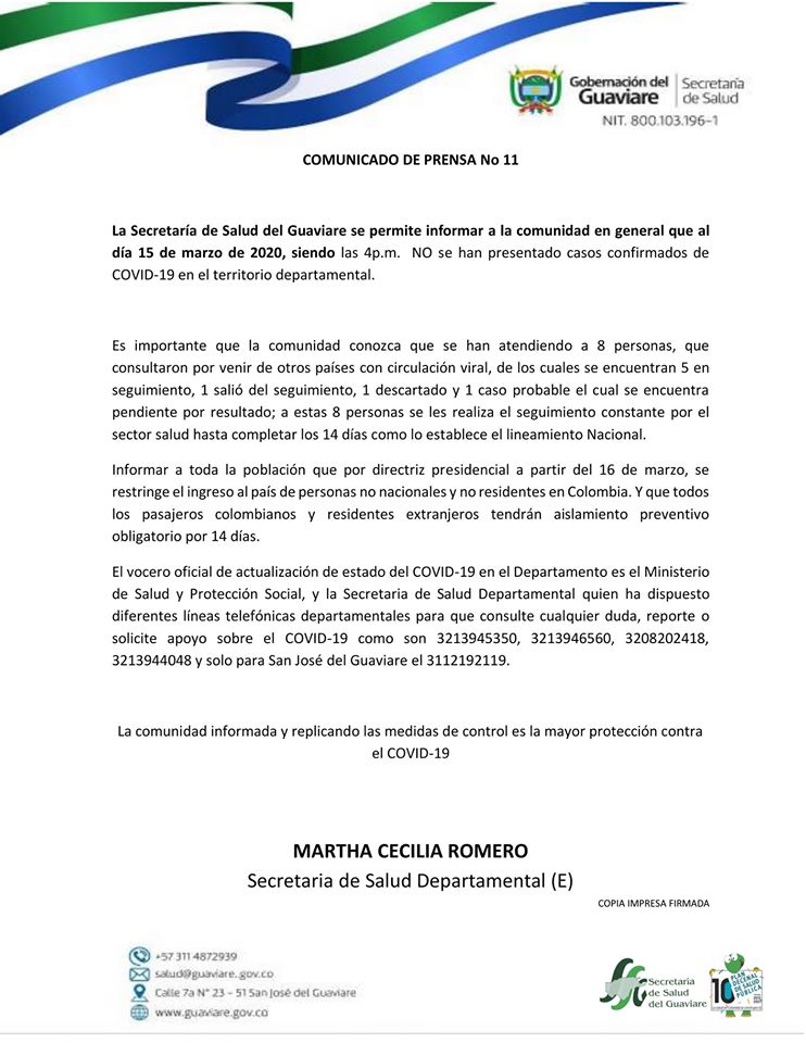 Comunicado de Prensa N° 11 de la Secretaría de Salud del Guaviare.