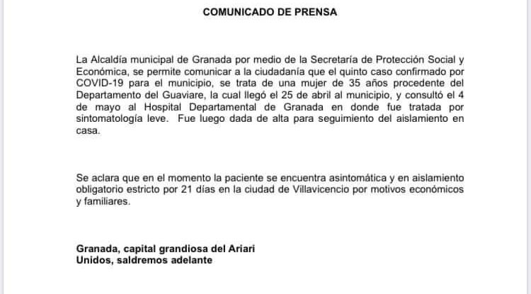 Caso positivo de Covid-19 en Granada (Meta), es de mujer proveniente de Guaviare