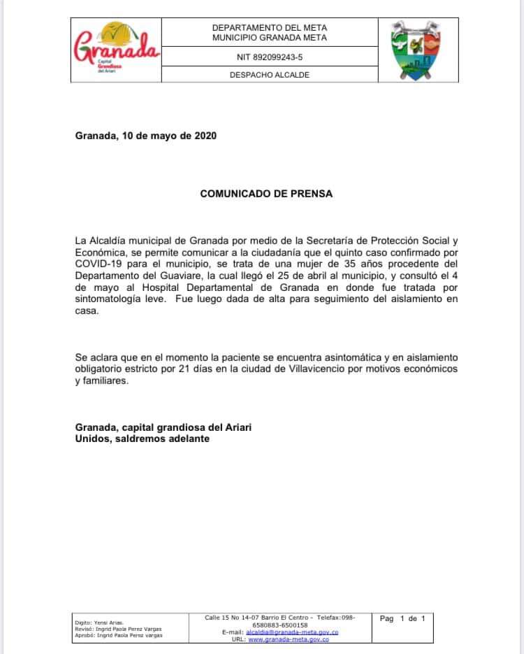 Caso positivo de Covid-19 en Granada (Meta), es de mujer proveniente de Guaviare