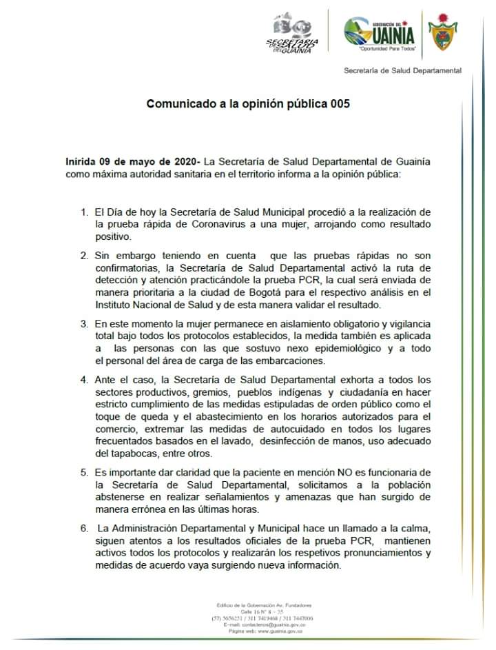 Comunicado de Prensa Gobernación del Guainía.