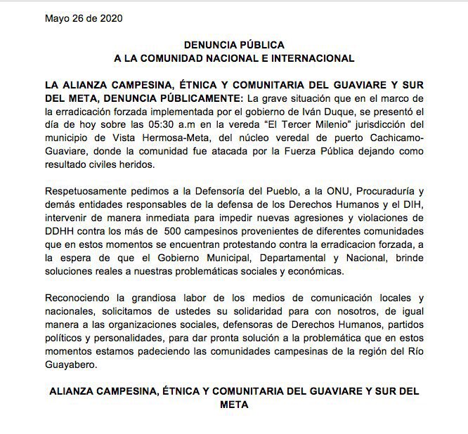Alianza Étnica u Campesina del sur del Meta y Guaviare denunció los hechos en la jornadas de erradicación manual de cultivos ilícitos.