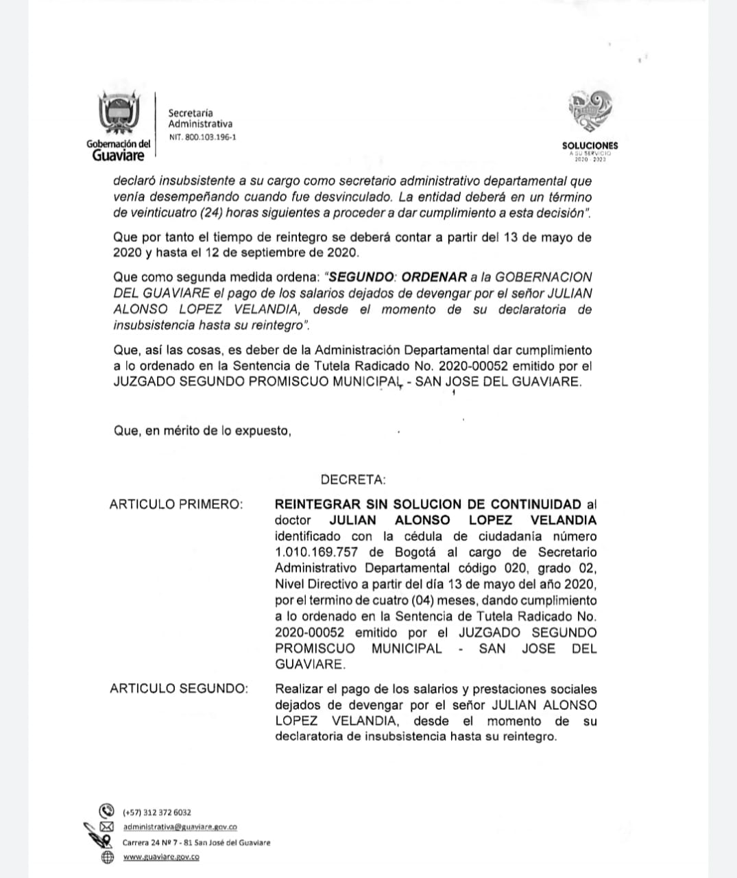 Gobernación del Guaviare reintegró a Julián López como Secretario Administrativo