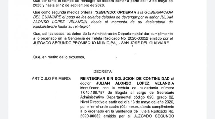 Gobernación del Guaviare reintegró a Julián López como Secretario Administrativo