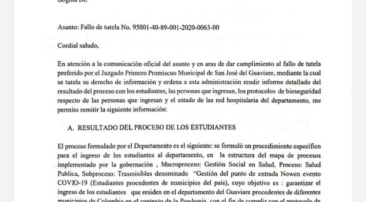 Gobernación del Guaviare responde a fallo de tutela de ciudadano