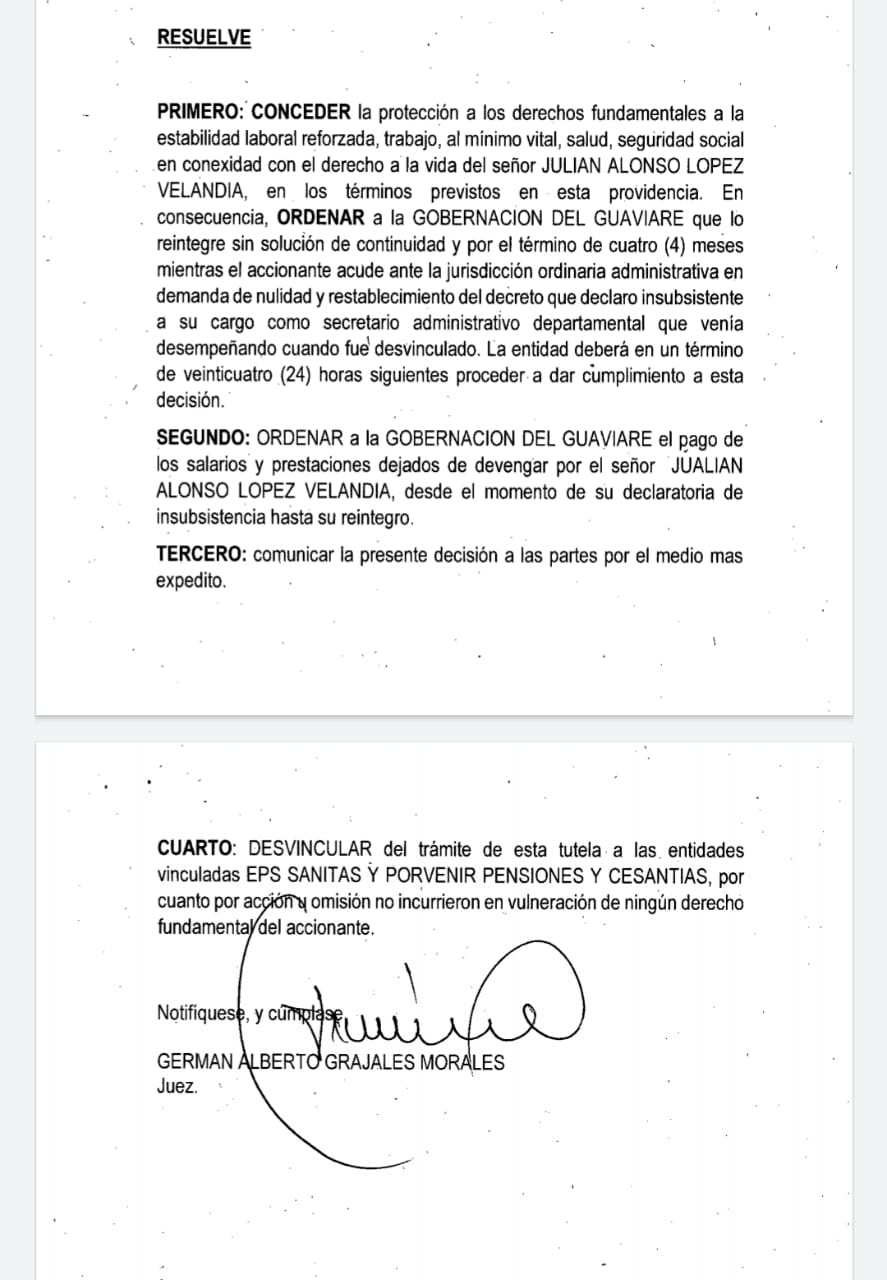 Fallo de tutela ordena reintegrar a Julián López como Secretario Administrativo de la Gobernación del Guaviare