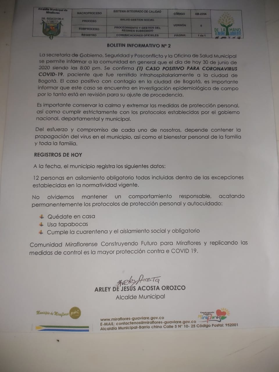 Miraflores (Guaviare) reporta su primer caso positivo de la Covid-19