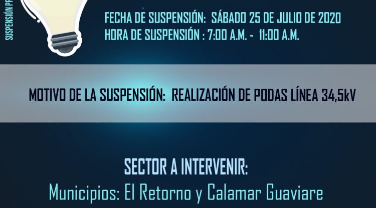 Retorno y Calamar (Guaviare), sin energía eléctrica para este sábado 25 de julio