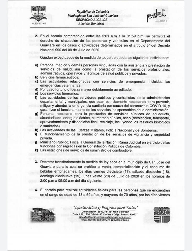 Conozca las nuevas medidas del Decreto Nº 85 para San José del Guaviare