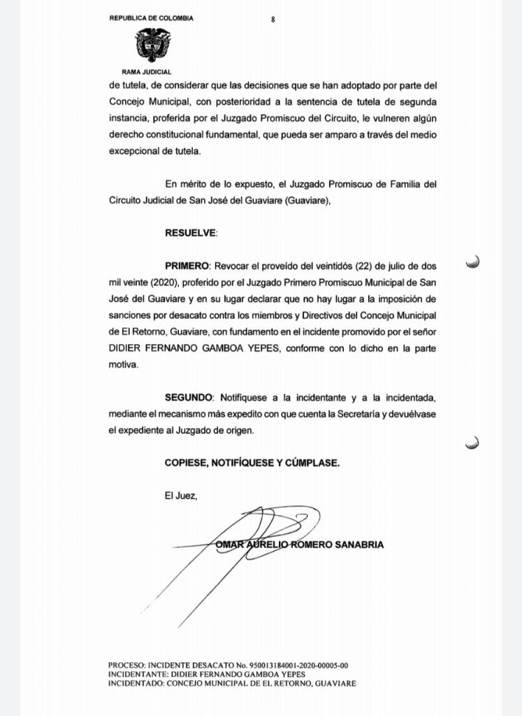 Juzgado falla a favor de Concejales de El Retorno, Guaviare