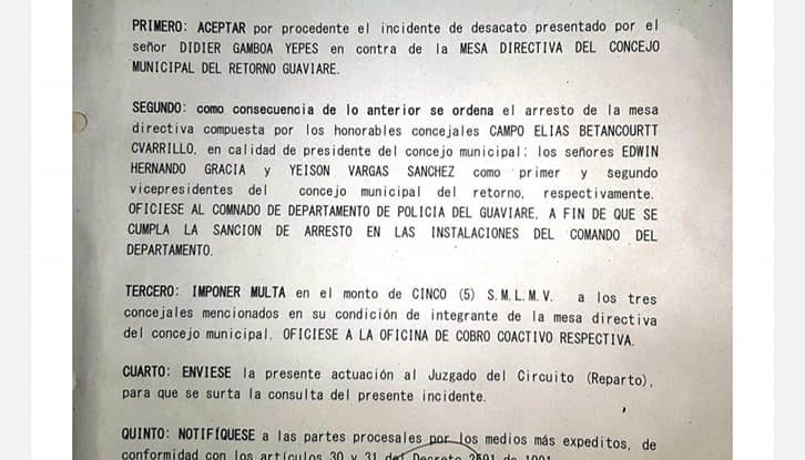 Juez ordenó arresto de mesa directiva del concejo municipal de El Retorno, Guaviare