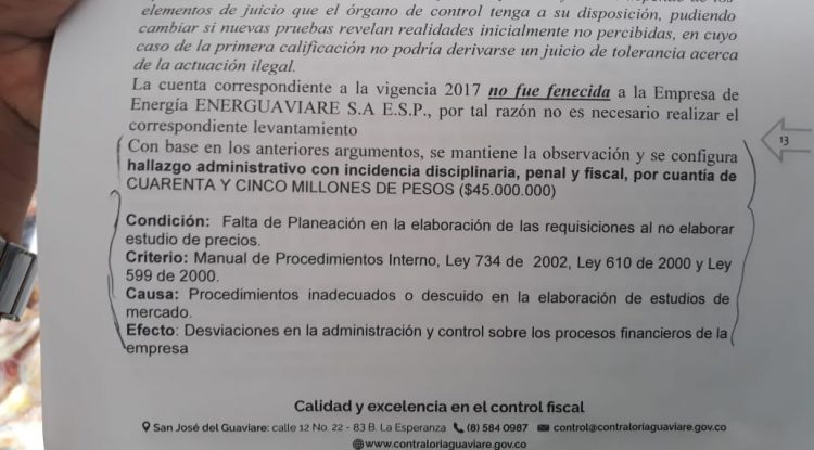 Contraloría Departamental halló posibles irregularidades en contratos en Energuaviare