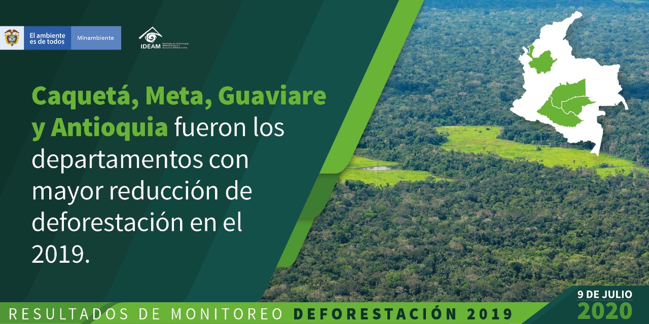 Caquetá fue el departamento con mayor reducción de la deforestación en 2019 con cerca de 16.000 hectáreas, seguido por Meta, Guaviare y Antioquia, mientras que el norte de Chocó y el sur del Bolívar no mostraron reducción para este periodo. Foto/ Ideam Colombia