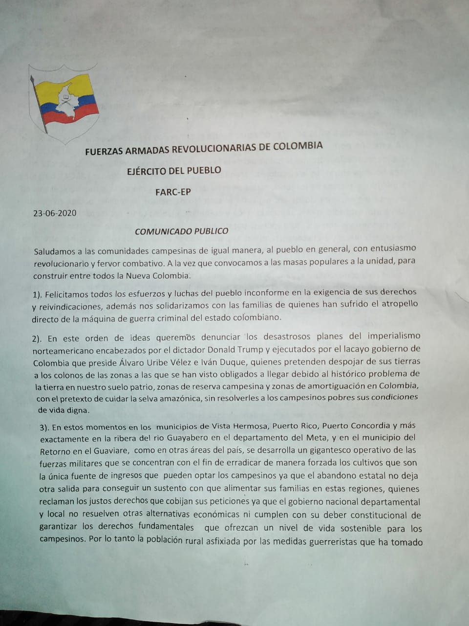 Policía Guaviare investiga autoría de disidencias de panfleto