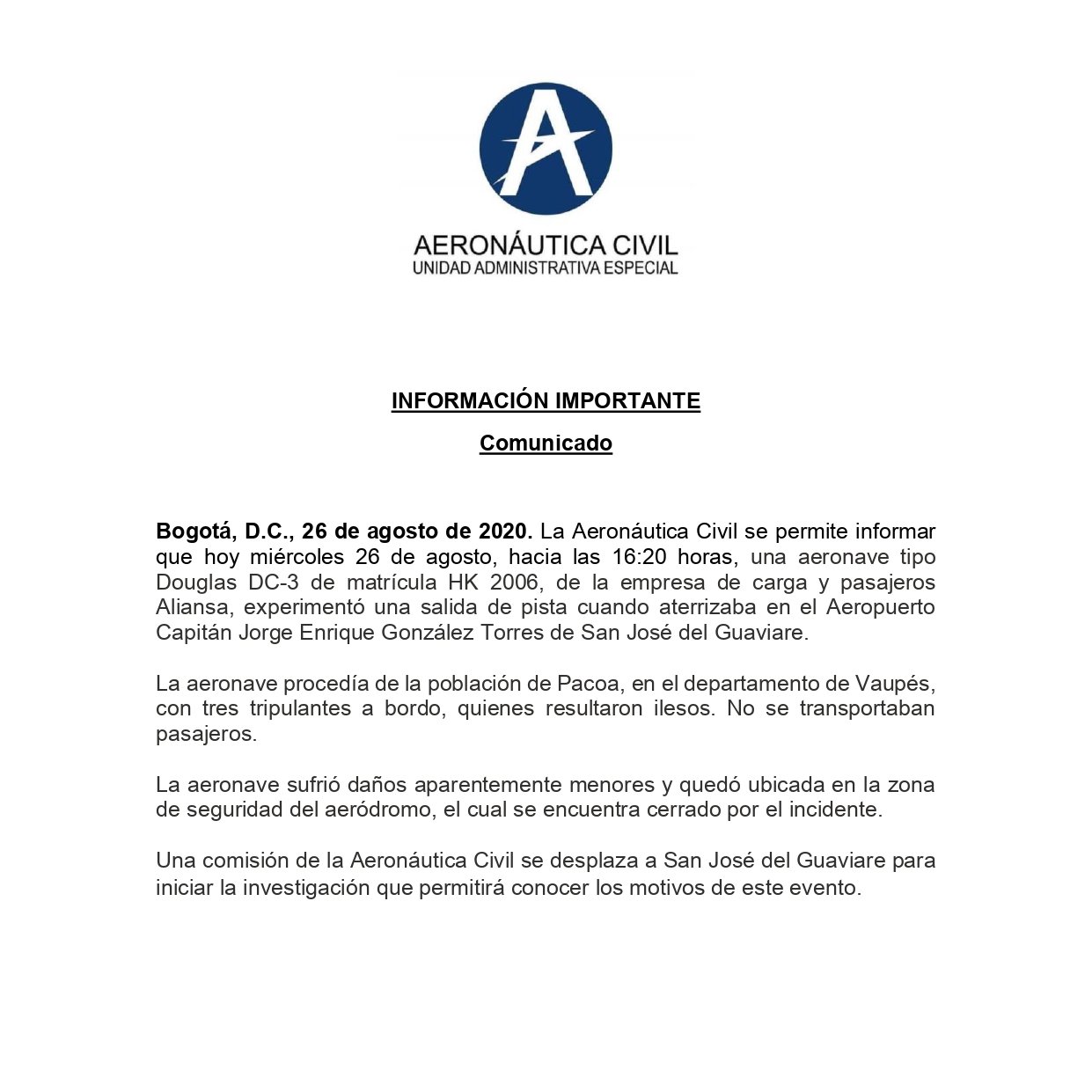 Comunicado de prensa de la Aeronáutica Civil sobre incidente aéreo en San José del Guaviare.