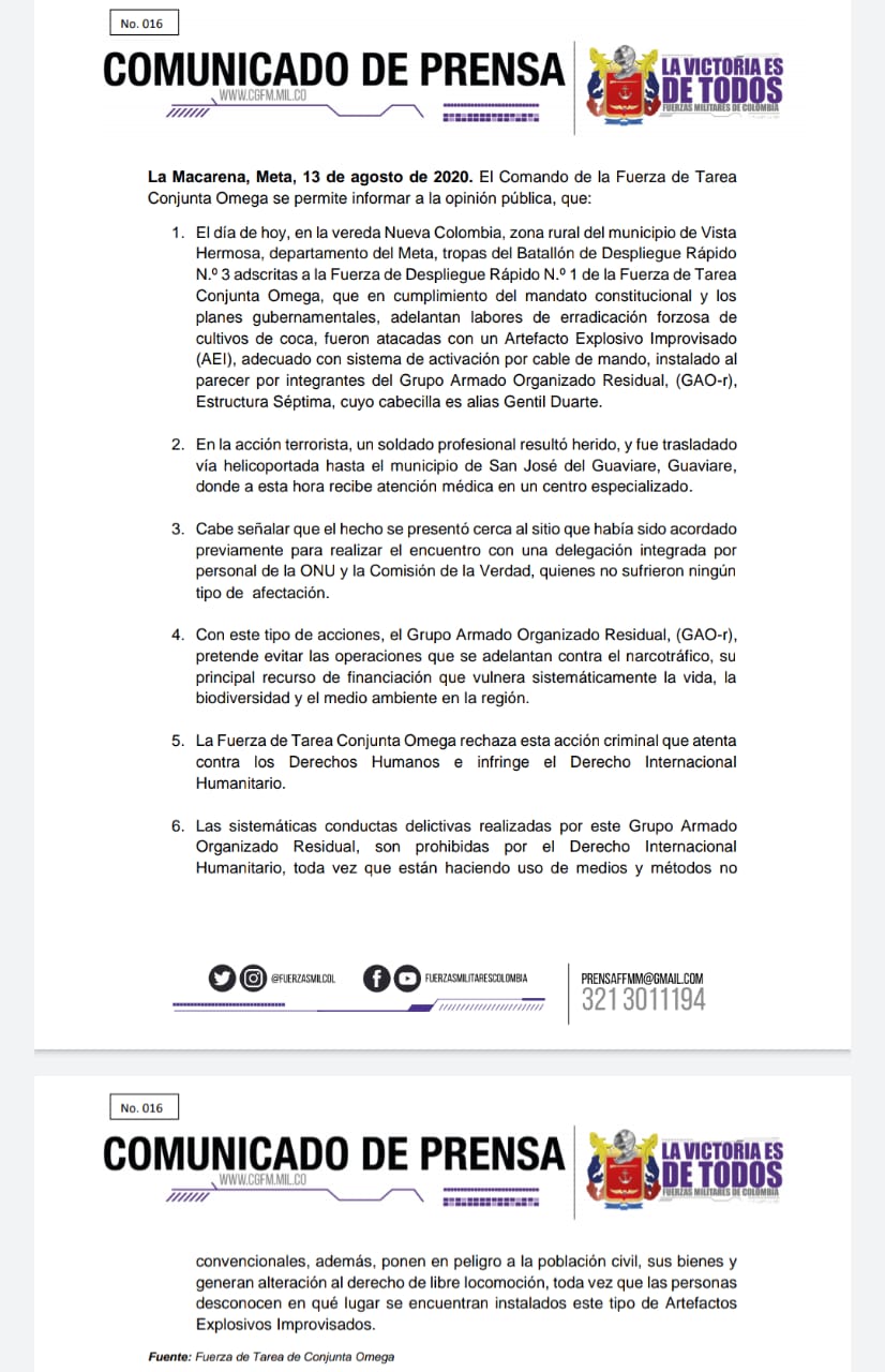 Un soldado herido tras activación de artefacto explosivo en Nueva Colombia, Meta