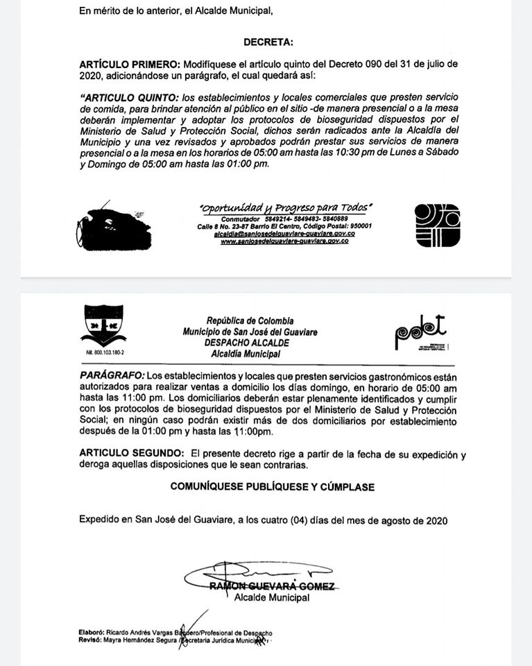 Modifican el artículo quinto del Decreto 090 del 31 de julio de 2020