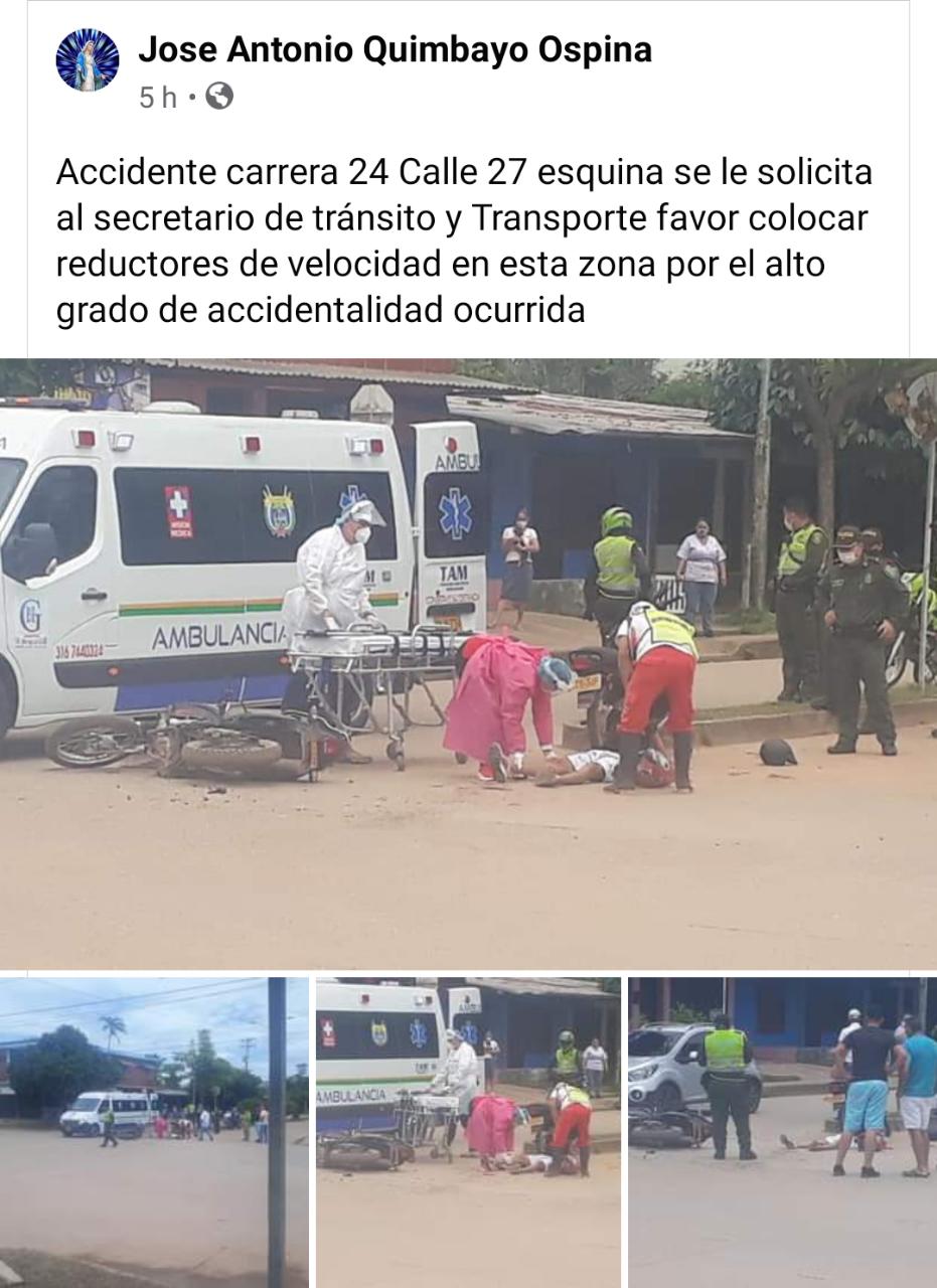 José Antonio Quimbaya Ospina, reportó en su cuenta personal en Facebook un accidente de tránsito el día domingo. / Pantallazo Facebook.