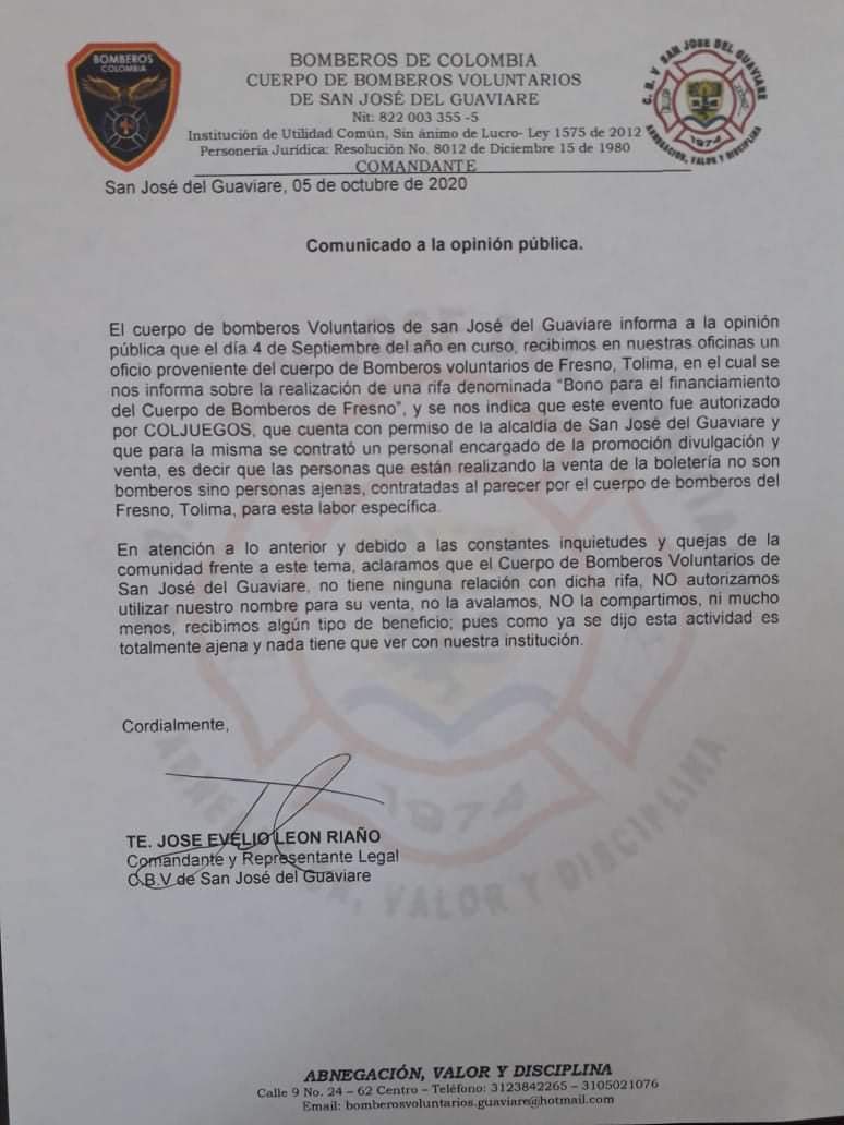Bomberos San José del Guaviare no tiene relación con venta de una rifa