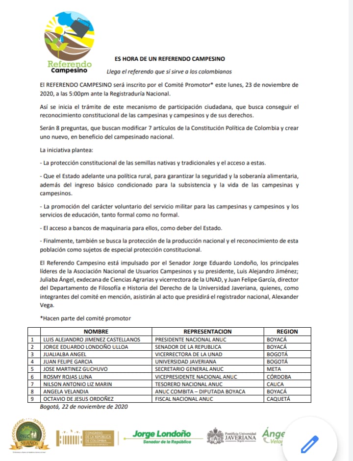 ANUC inscribió referendo campesino en la Registraduría Nacional