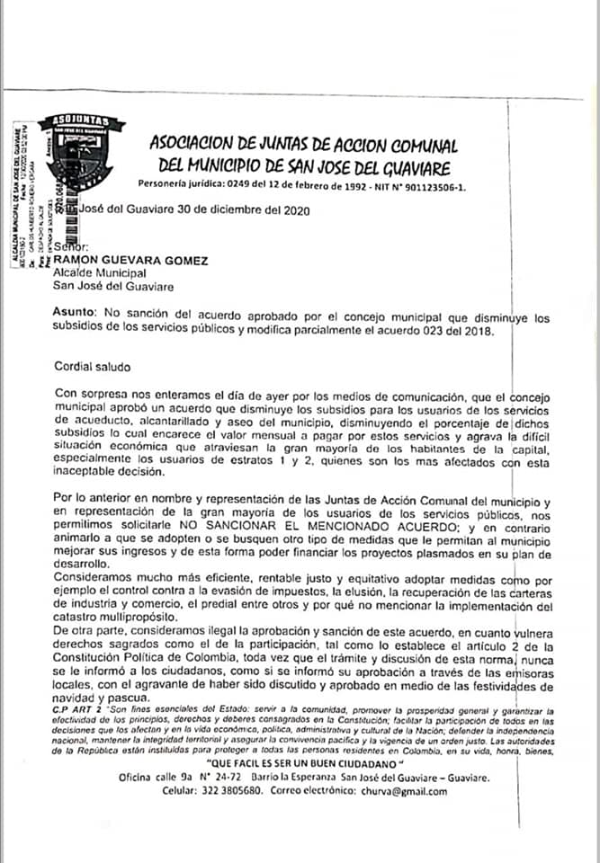 Asojuntas San José del Guaviare en desacuerdo con reducción de subsidios en servicios públicos
