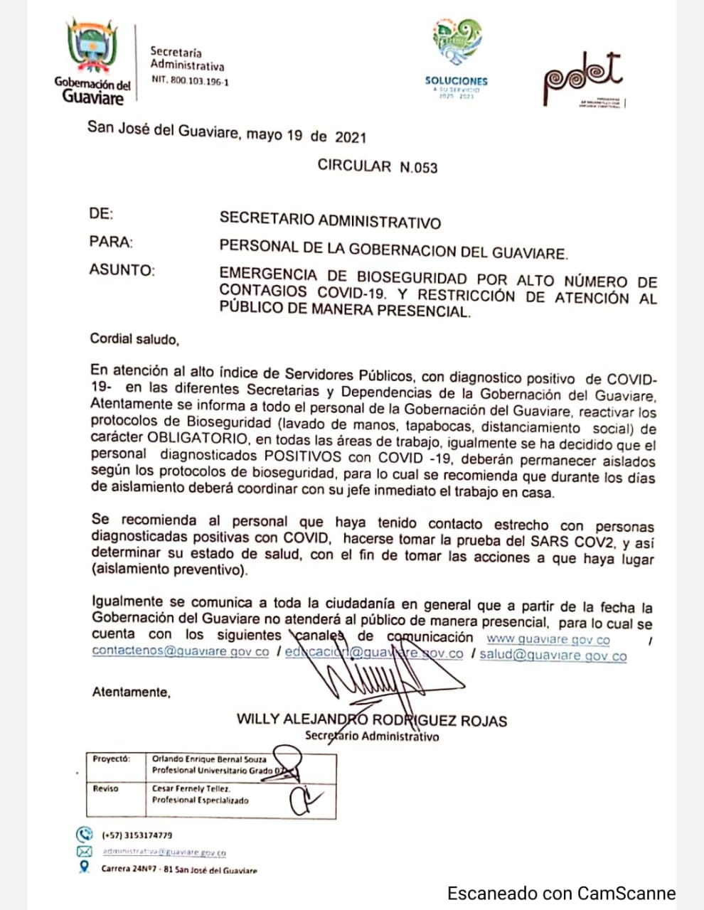 Gobernación del Guaviare cerró los servicios de atención al público por el alto contagio de Covid-19.