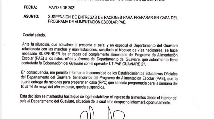Suspenden entrega de raciones programa de alimentación escolar en Guaviare