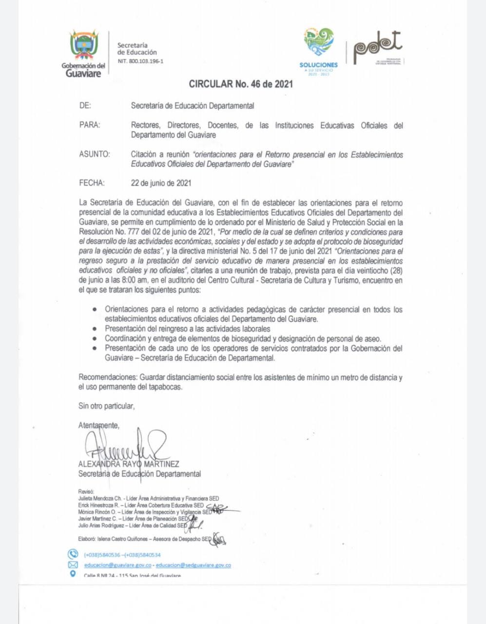 La circular 46 de la Secretaría de Educación del Guaviare citó a rectores para el retorno a clases presencial con medidas de seguridad.