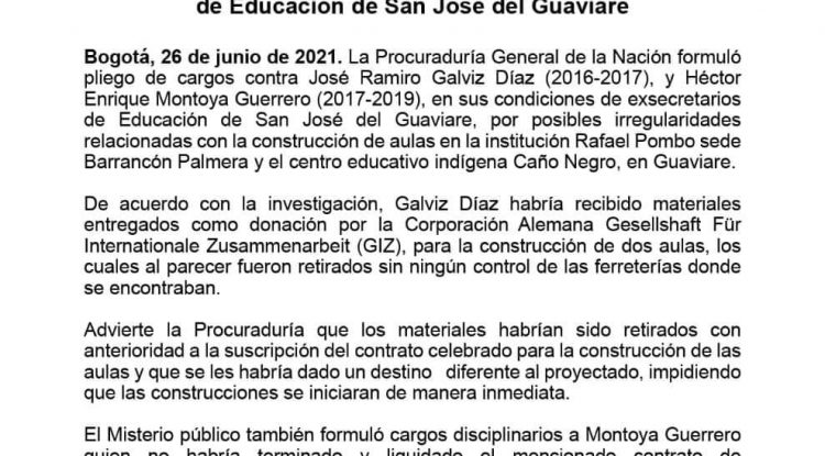 Formulan pliegos contra dos exsecretarios de educación de San José del Guaviare