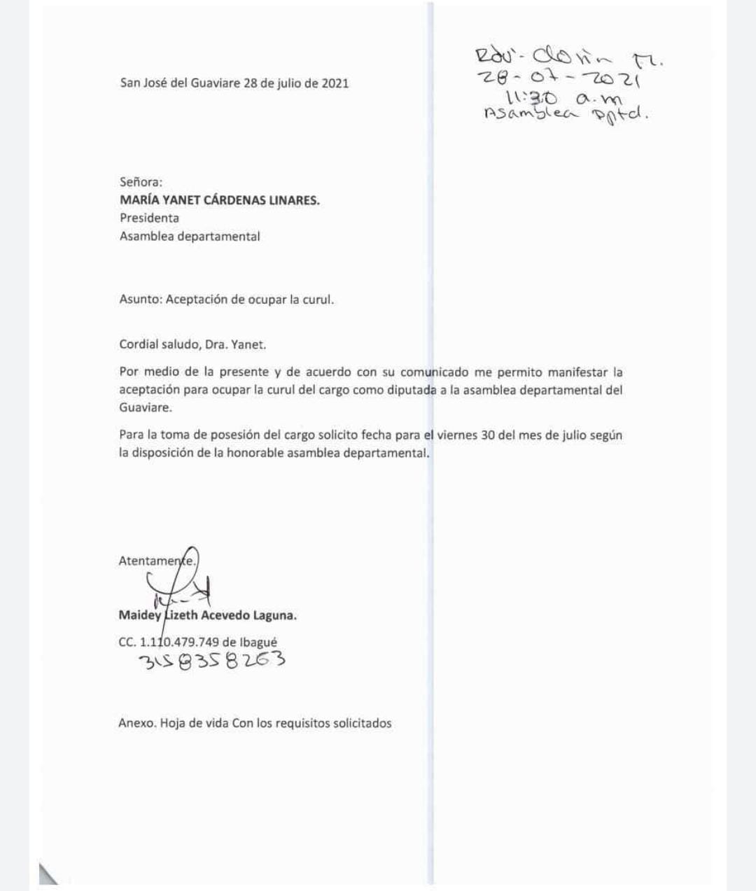 En una carta enviada a la Asamblea del Guaviare, Acevedo confirmó aceptar la curul en la duma departamental.