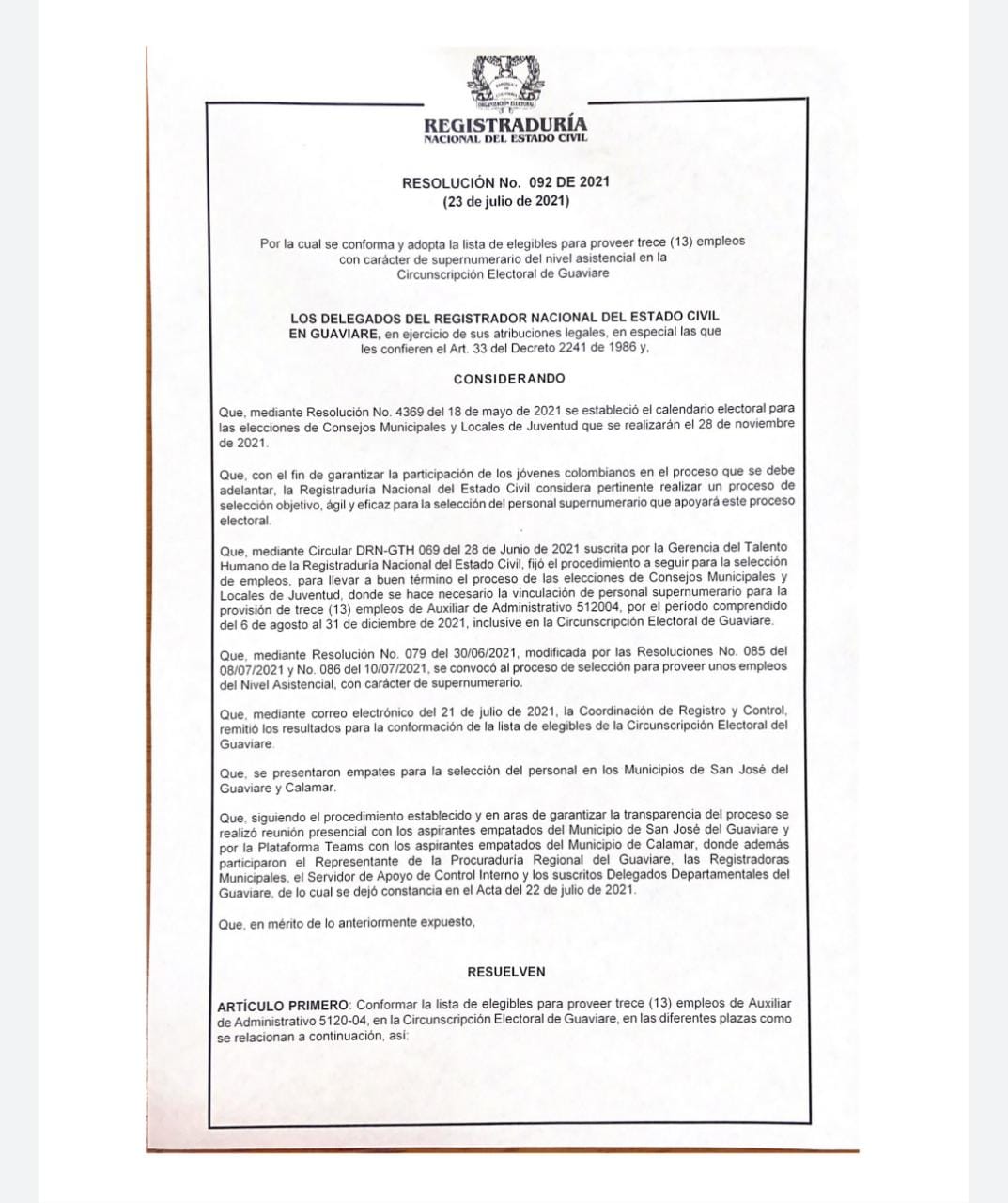 Registraduría dio a conocer listado de elegibles para empleos supernumerarios.