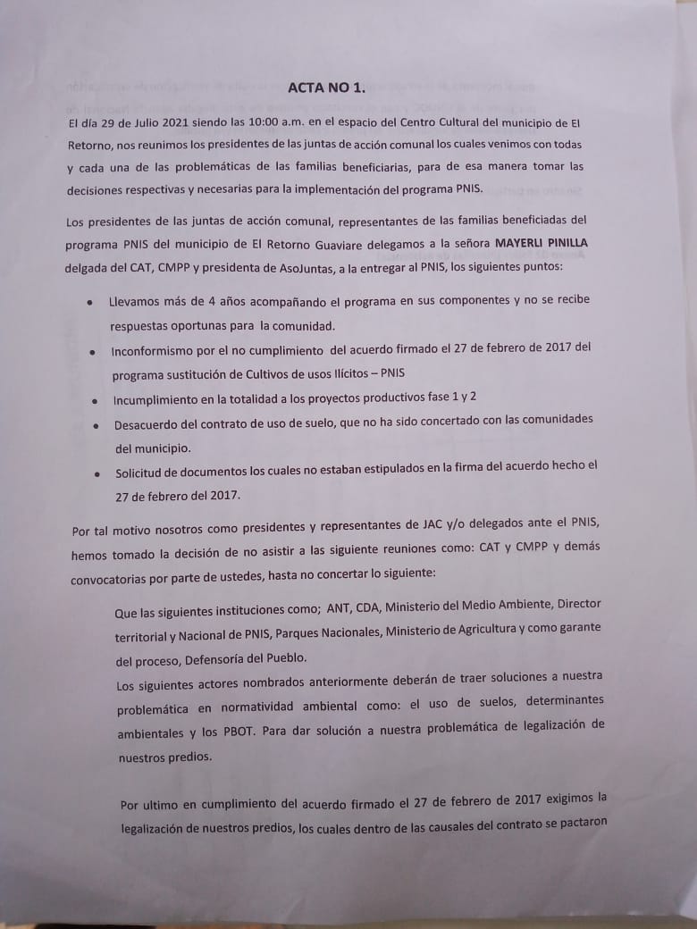 Asojuntas de El Retorno inconformes por el incumplimiento del Programa PNIS