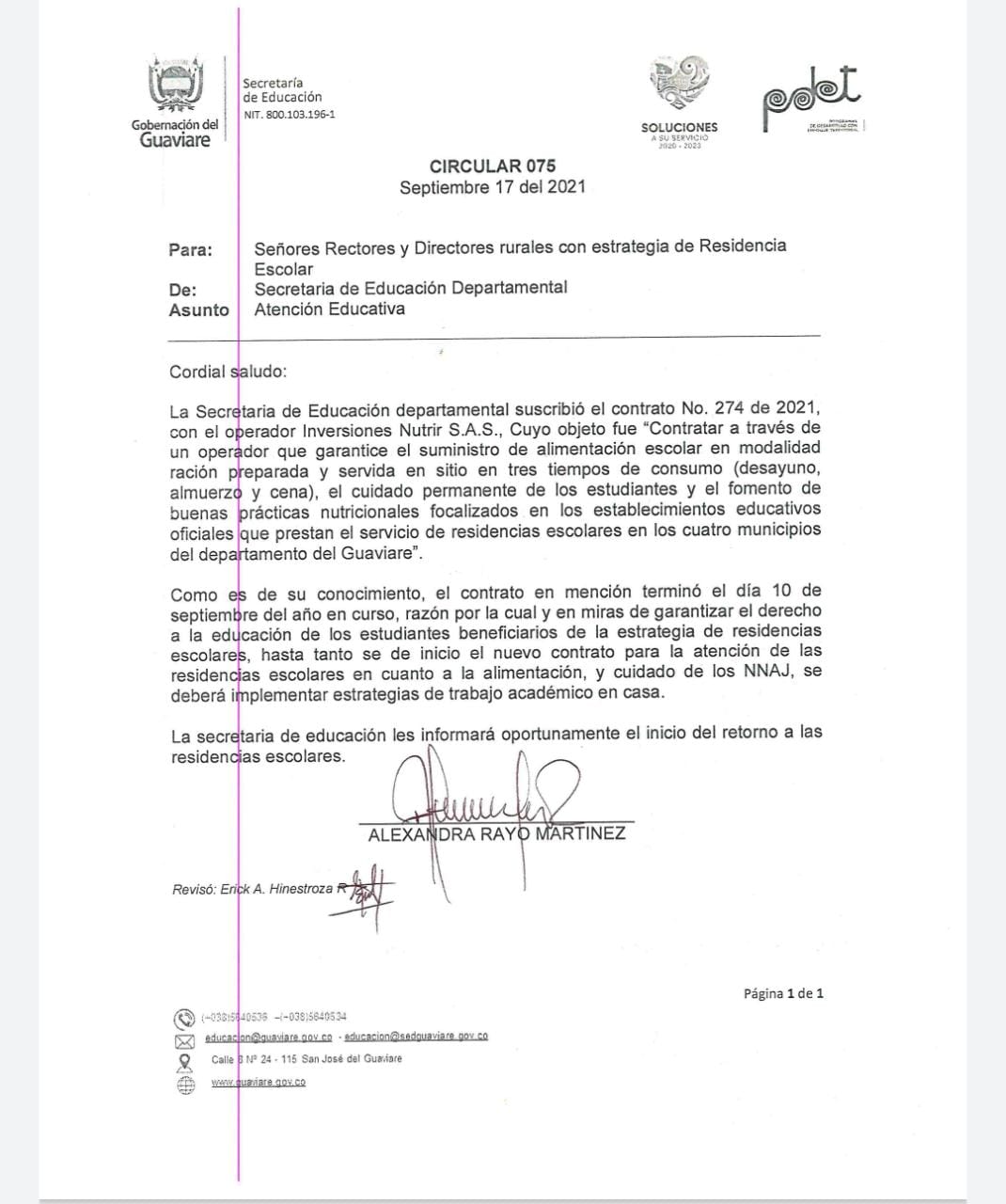 Circular 075 anuncia la terminación de contrato de operador encargado de la alimentación y residencia escolares.