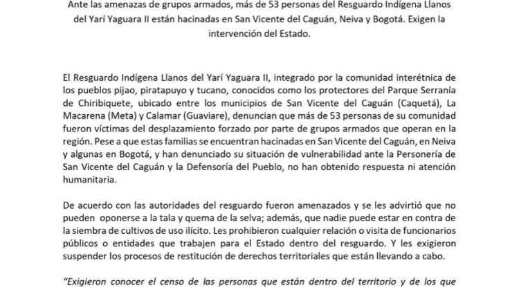 53 personas del Resguardo Indígena Yaguará II salieron por amenazas