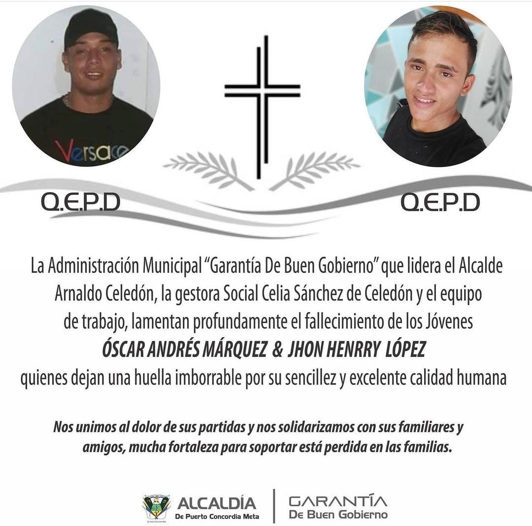 Alcalde de Puerto Concordia, Meta, Arnaldo Celedón, lamentó el fallecimiento de dos ciudadanos residentes en el municipio.