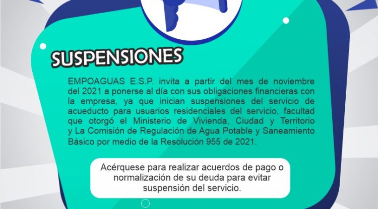 EMPOAGUAS anuncia suspensión del servicio a usuarios morosos