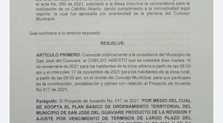 Concejo de San José del Guaviare anuncia cabildo abierto para este 16 y 17 de noviembre
