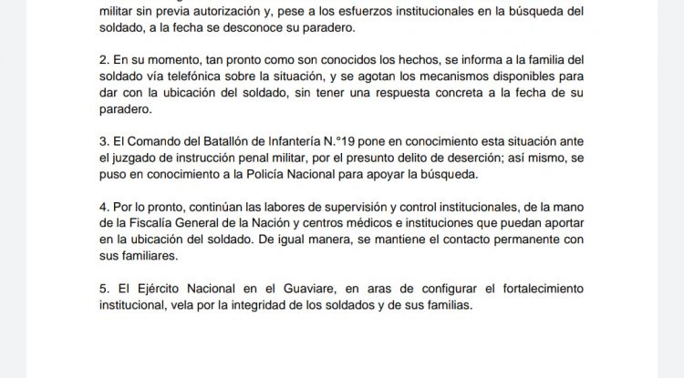 Ejército Nacional aclara paradero de soldado en San José del Guaviare