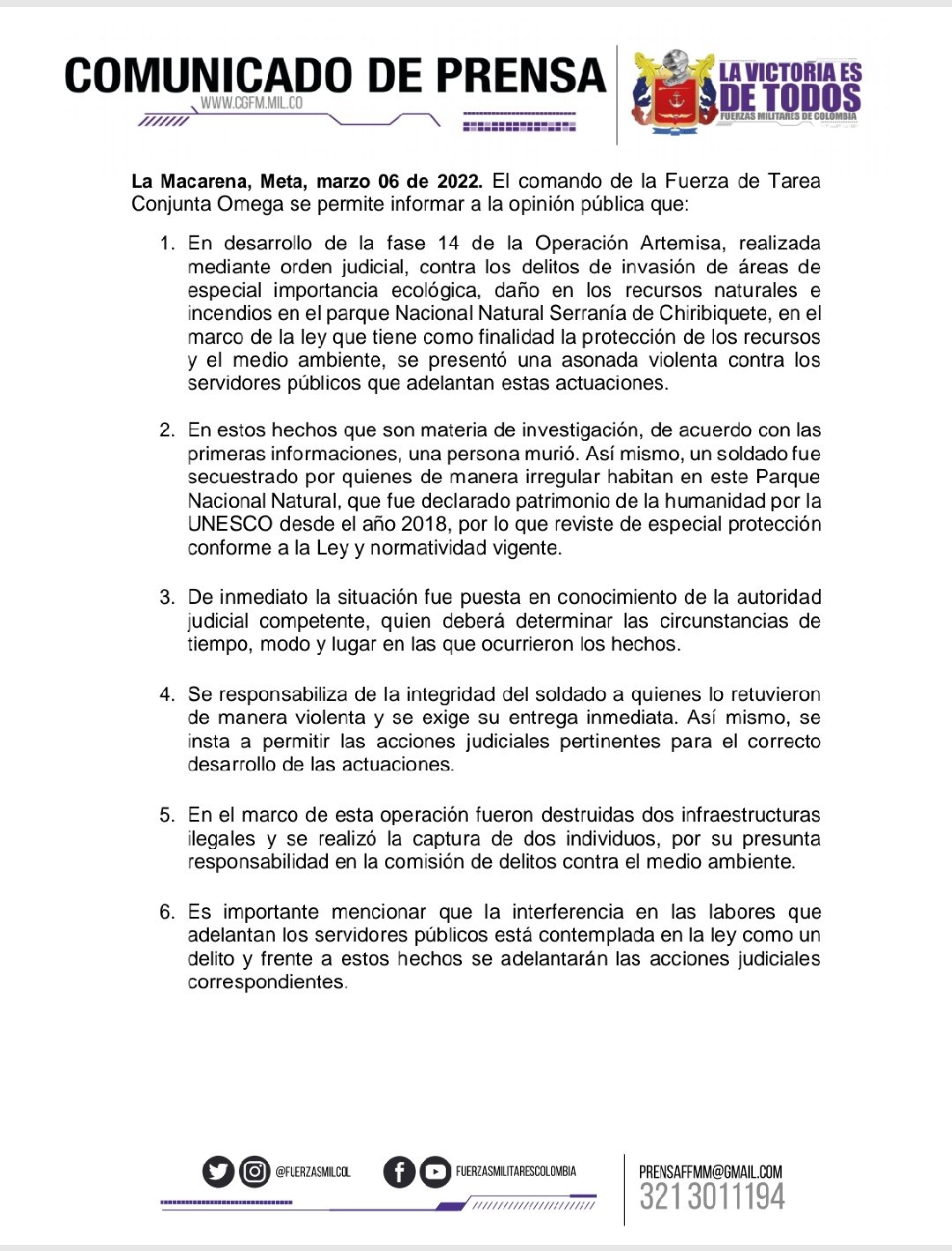 Fuerza de Tarea Conjunta Omega informó los hechos registrados en el Parque Nacional Chiribiquete.