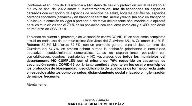 Municipios del Guaviare no cumplen con el criterio para el levantamiento del tapabocas