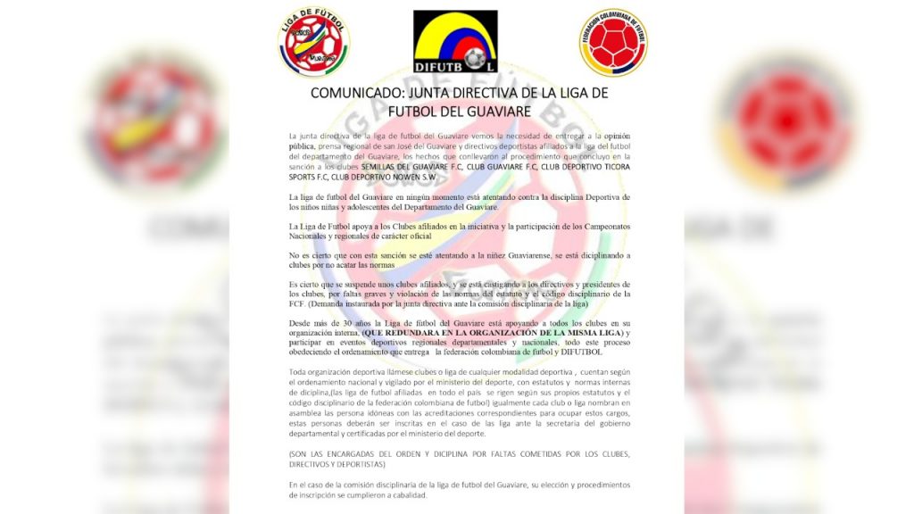 Dirigentes de clubes deportivos sancionados por la Liga de Fútbol del Guaviare se pronunciaron