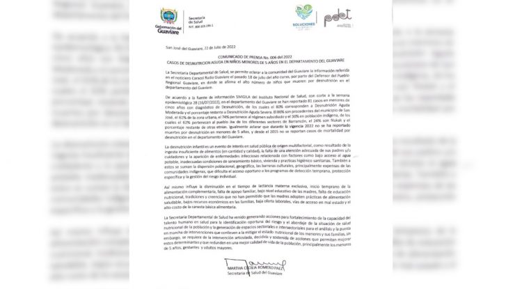 81 casos de desnutrición en menores de cinco años en el Guaviare