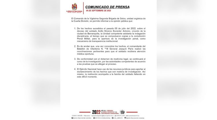 Ejército Nacional se pronunció sobre caso del soldado Esneider Anillo