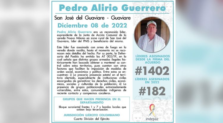 Defensoría del Pueblo pide investigar crimen de líder comunal en el Guaviare