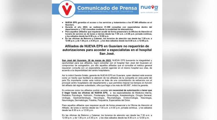 Afiliados de NUEVA EPS en Guaviare no requerirán de autorizaciones para acceder a especialistas