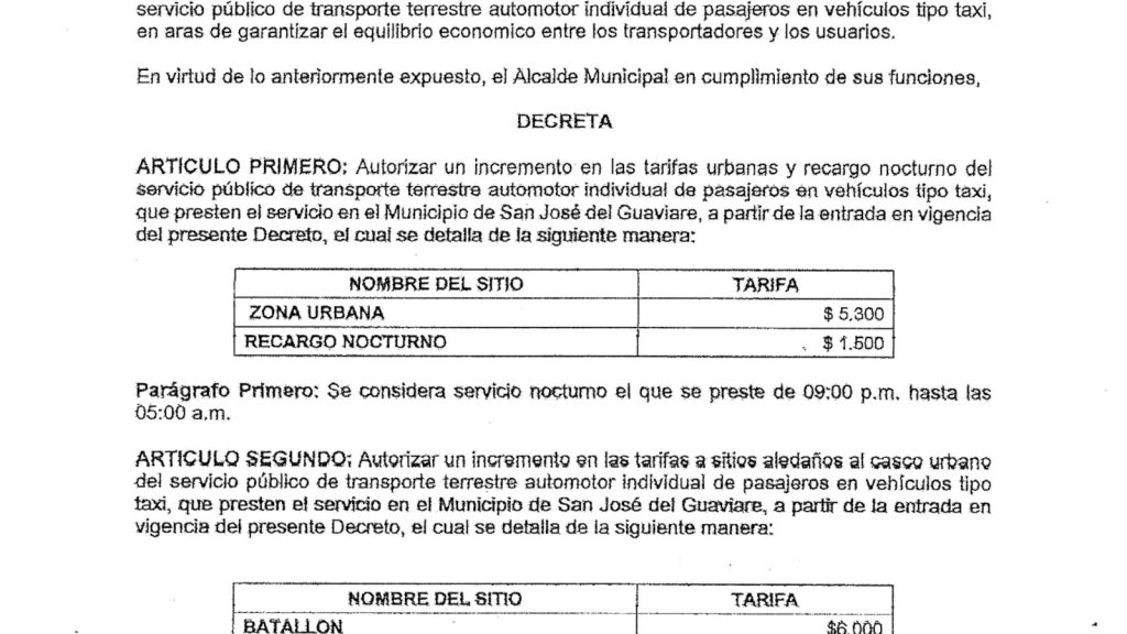 Nuevas tarifas de taxi en San José del Guaviare