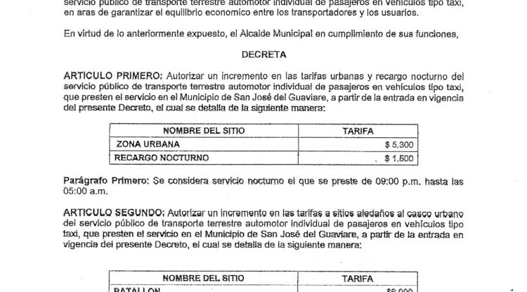 Nuevas tarifas de taxi en San José del Guaviare