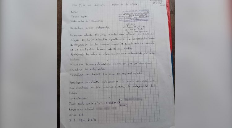 La carta de un estudiante al gobernador del Guaviare Yeison Rojas